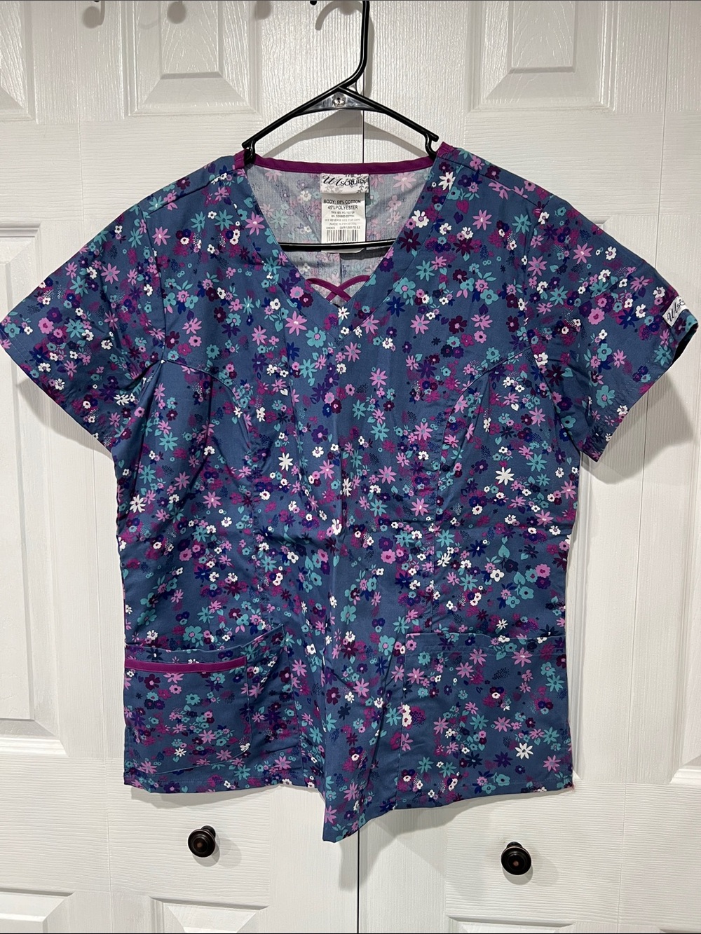 UA Scrubs Women's Floral V-Neck Top in Navy and Purple